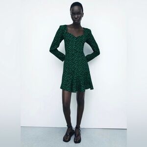 Zara floral green and black short dress; long sleeves